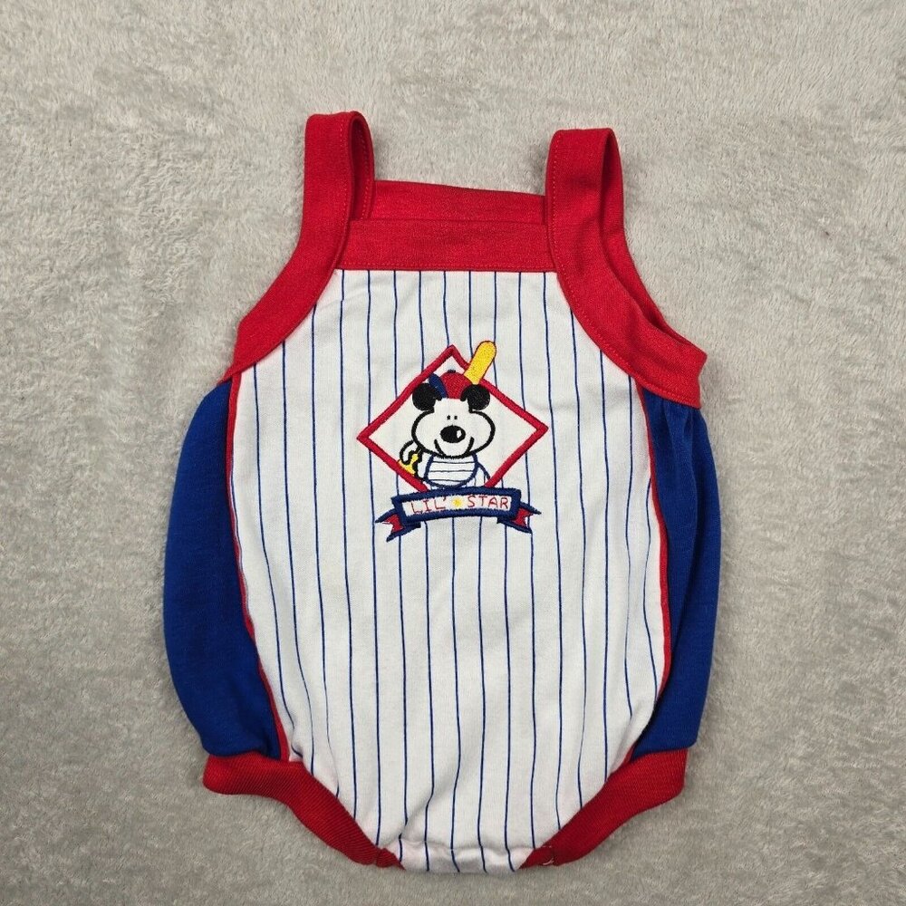 Vintage Baby Romper 0 to 5 Months Healthtex USA 80s Red White Blue Baseball Dog